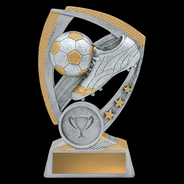 Soccer trophy with a gold, silver, and bronze design on a white background