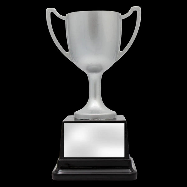 A silver two-handled trophy cup mounted on a black rectangular base with a blank mirrored nameplate, isolated on a white background.