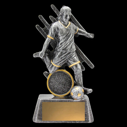 Soccer trophy featuring a player with a star emblem on a white background
