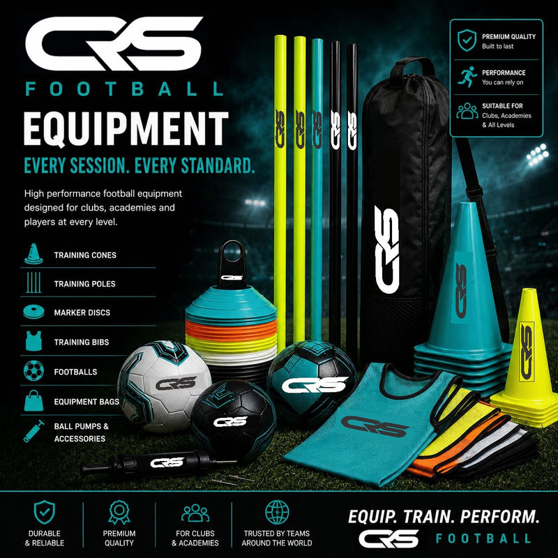 CRS Football equipment set displayed on a dark turf background, including training cones, poles, marker discs, balls, bags, and accessories, with branding and feature callouts around the image.