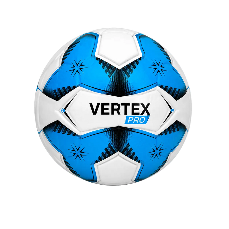 A blue and white soccer ball with the brand name 'VERTEX PRO' printed on the front, set against a plain white background.