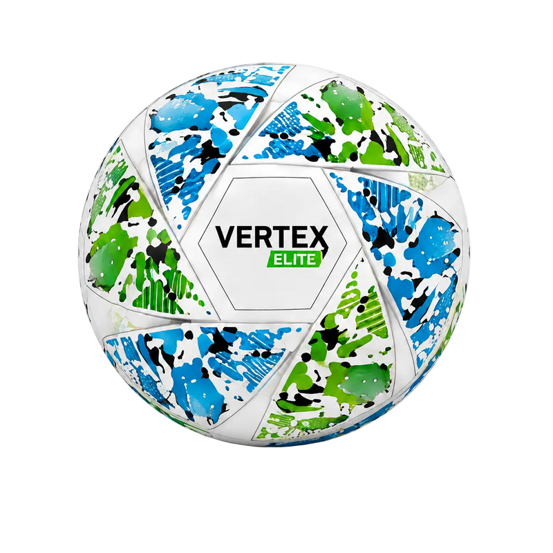 A white soccer ball with blue, green, and black paint splatter patterns, featuring a central white hexagonal panel with the text 'VERTEX ELITE' in black and green. The ball is photographed on a clean white background with a soft shadow underneath.