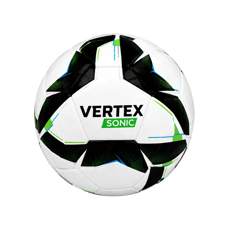 A white soccer ball with black and green panels and the text 'VERTEX SONIC' printed on the front, shown on a clean white background.
