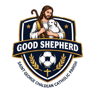 A shield-shaped religious emblem with the words "GOOD SHEPHERD" across a banner and "SAINT GEORGE CHALDEAN CATHOLIC PARISH" around the bottom. The crest shows a robed shepherd holding a white lamb, with a soccer ball at the center, laurel branches, stars, and a cross on a white background.