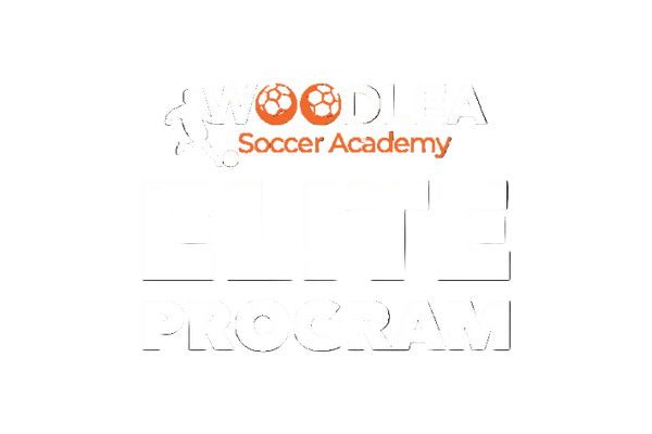 Promotional graphic for the Woodlea Soccer Academy Elite Program, featuring the Woodlea logo with soccer balls in orange and white, a white soccer player silhouette, and the words 'ELITE PROGRAM' in large white block letters on a dark charcoal background.