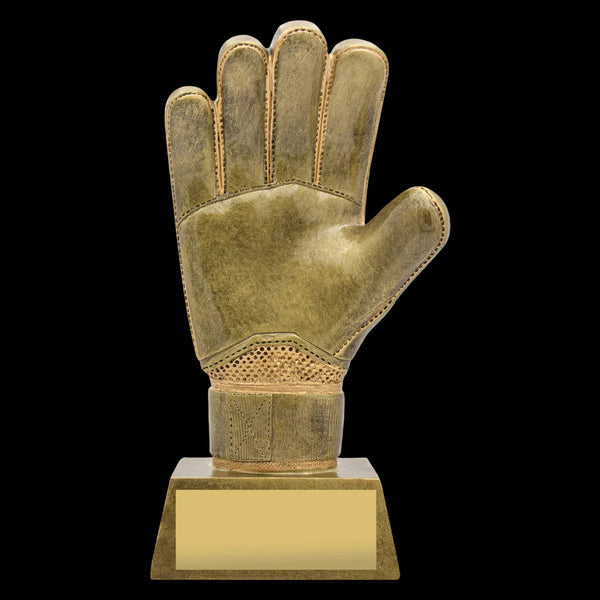 Glove-shaped trophy with a gold base on a white background