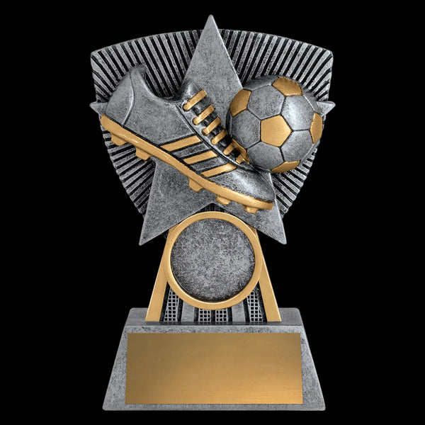 Trophy with sports elements including a soccer ball and a sword on a white background