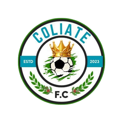 A circular club crest or badge with the word 'COLIATE' in teal across the top, a soccer ball beneath a gold crown, green grass-like brushstrokes, 'ESTD 2023' on teal side panels, and 'F.C' at the bottom.