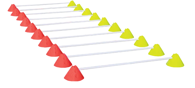 A set of white agility poles with red and yellow cone markers, arranged in a diagonal row on a plain white background.