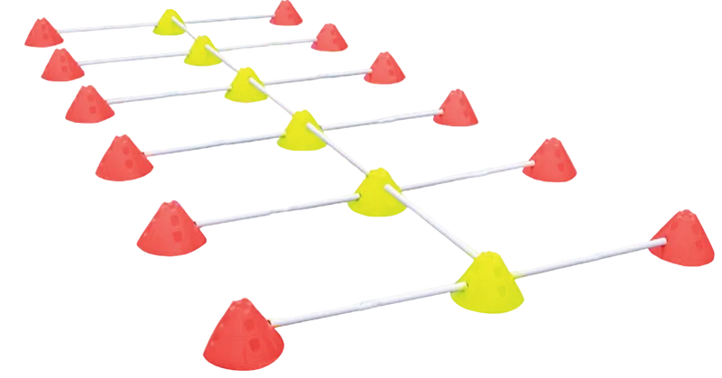 A children's outdoor climbing or agility ladder made of white poles connected by short sections, with red cone-like obstacles at the ends and yellow cone-like connectors along the center, shown on a plain white background.