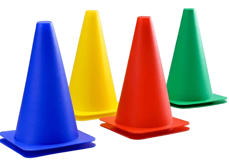 Four plastic traffic-style cones in blue, yellow, red, and green, arranged on a plain white background.