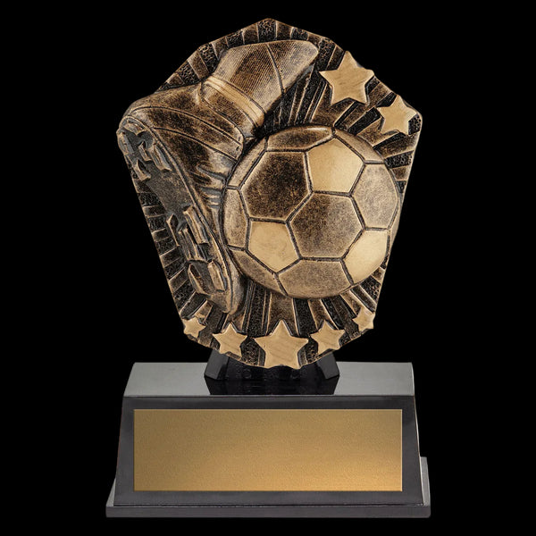 Bronze and black soccer trophy with a ball design on a white background