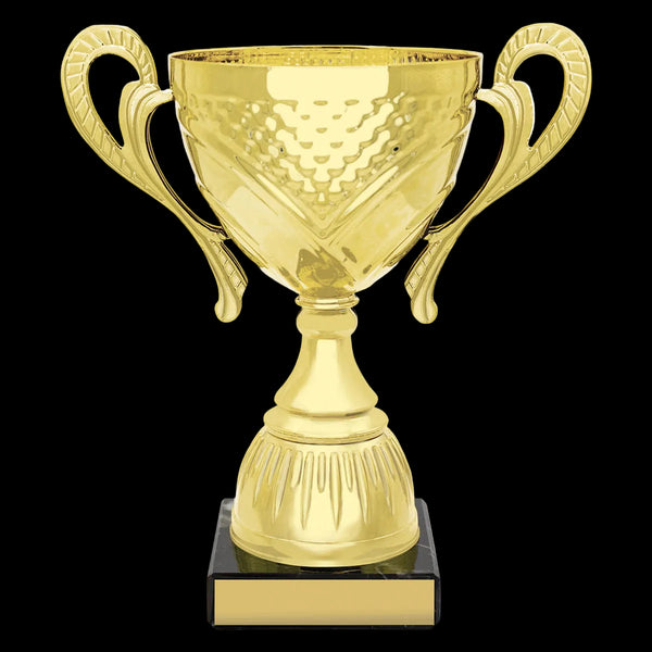A shiny gold trophy cup with two handles, a fluted pedestal base, and a rectangular black plaque on a plain white background.