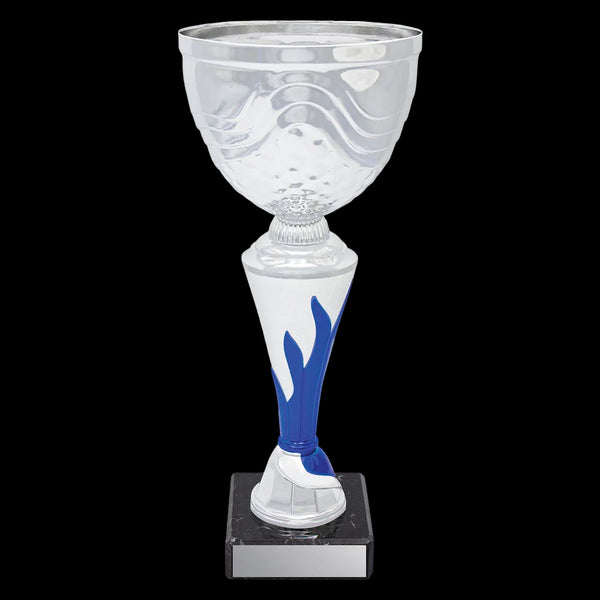 Decorative glass cup with blue accents on a white background