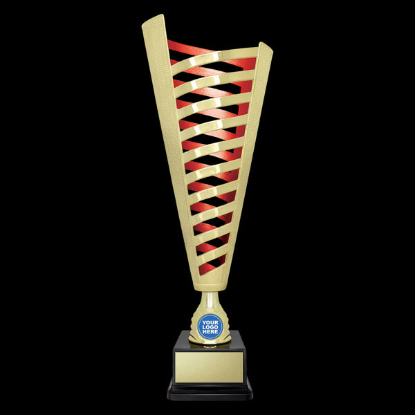 Trophy with red and gold lattice design on a white background