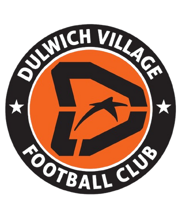 Circular Dulwich Village Football Club logo with a black outer ring, white text, and an orange center featuring a stylized black letterform and star.