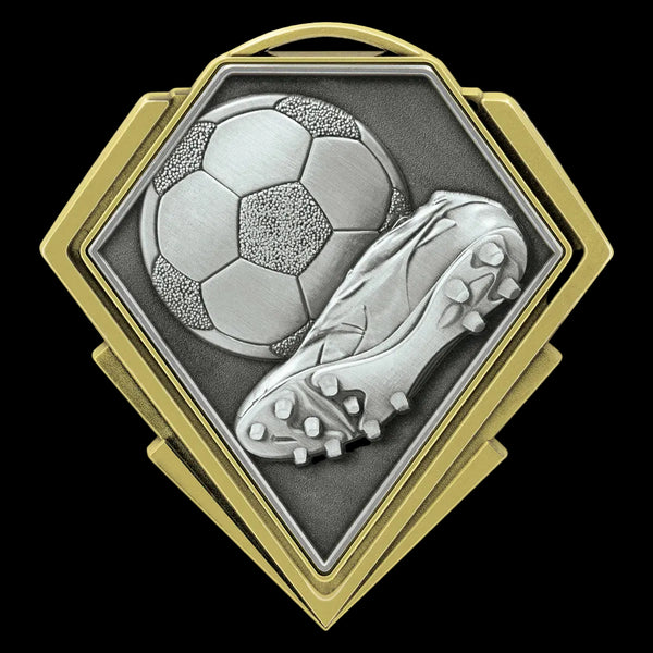 Medal with soccer ball and cleat design on a gold border