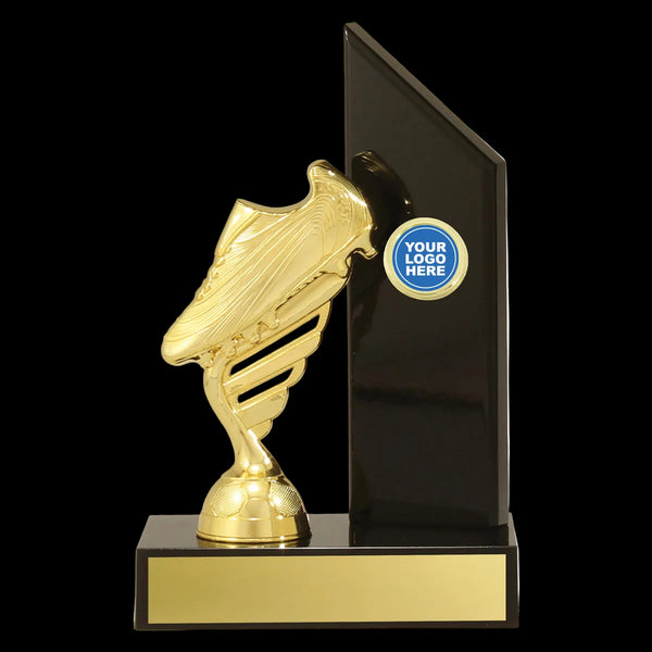 Gold trophy with a black base and space for customization on a white background