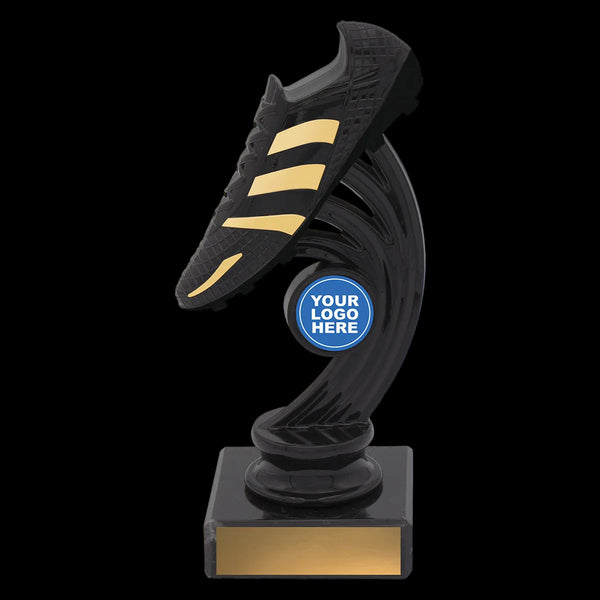 Soccer shoe trophy with customizable logo area on a white background