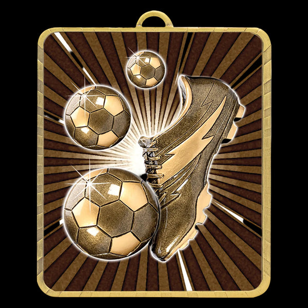 Soccer-themed medal with gold soccer balls and cleat on a brown and gold striped background