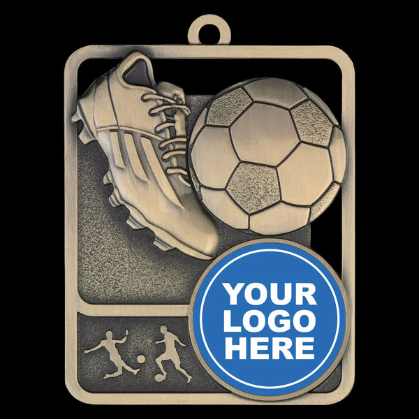 Bronze soccer medallion with boot and ball design, customizable logo area.