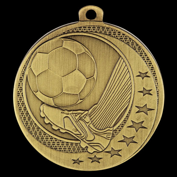 Gold soccer medal with a shoe and ball design on a white background