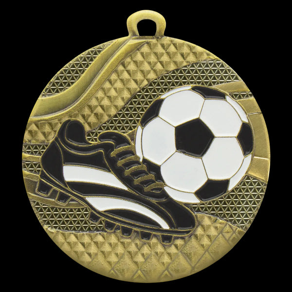 Gold medal with soccer ball and cleat design on a white background