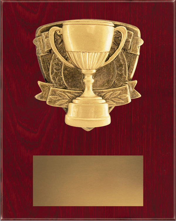 A vertical wooden plaque with a glossy dark red wood grain finish, featuring a raised gold trophy cup and ribbon emblem at the top and a blank rectangular gold nameplate at the bottom.