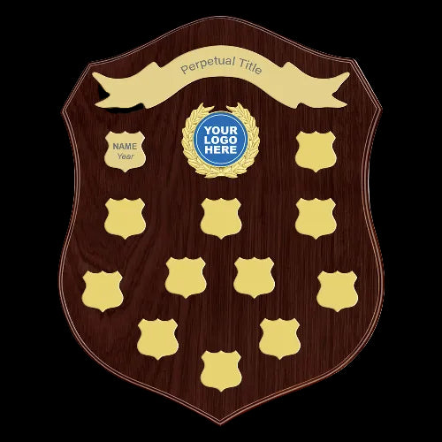 A custom wooden shield plaque with a dark brown wood grain finish and gold-colored metal plaques. The top features a gold banner reading 'Perpetual Title' and a central circular badge with a blue 'YOUR LOGO HERE' label.