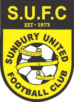 Sunbury United Football Club crest with a black and yellow design, featuring a soccer ball in the center and the text 'S.U.