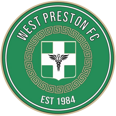 A circular green and white West Preston FC crest with the club name arched across the top, a central shield with a caduceus symbol, a Greek key border, and 'EST 1984' at the bottom.